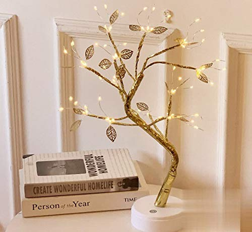 Ulalaza Lámpara de Rama de árbol de Cadena de Cobre Estrellado con batería LED o Suministro USB Luz de Noche de Alambre cálido con Interruptor táctil para la decoración de la habitación del hogar