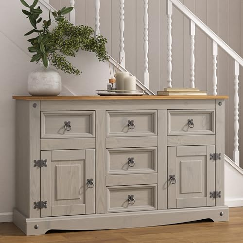 Corona Grey Sideboard 2 Door 5 Drawer, Solid Mexican Pine, W 125 cm x D 40 cm x H 76 cm