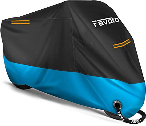 Favoto Telo Coprimoto 210D Teli per Moto Scooter Impermeabile Resistente ad Acqua/Polvere/Pioggia/Vento/Foglie, Copertura Motociclo (Nero Blu, 265x105x125cm)