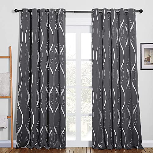 PONY DANCE Grey Curtains - 66 x 90 Inch, Eyelet Blackout Thermal Curtains for Living Room, Soundproof Silver Wave Line Foil Printed Decorative Drapes, 2 Panels