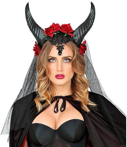 W WIDMANN MILANO Party Fashion 68568 - Brautschleier mit Hörner, Rosen, Spitze und Edelstein, Halloween, Accessoire