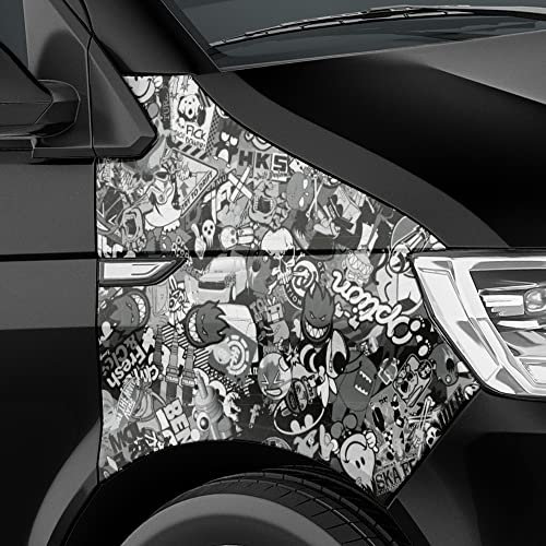 Auto-Dress Stickerbomb Auto-Folie mit Luftkanal-Technik für 3D Car-Wrapping (100x150cm, Design: Mini-Mix, Farbe: Schwarz-Weiß, Finish: Matt)