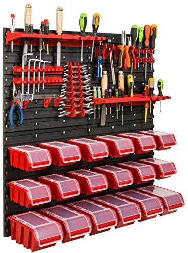 Lagersystem Werkstattregal | 78 x 78 cm | 18 stck. Box | Wandregal mit Werkzeughalterungen und Stapelboxen - Wandplatten Extra Starke Schüttenregal Warkzeuglochwand Lagerregal Garage Regal (3)