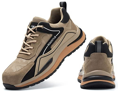 IYVW 7615 Chaussures de sécurité pour homme et femme avec embout en acier - Chaussures de travail légères et antidérapantes beige noir 39 EU