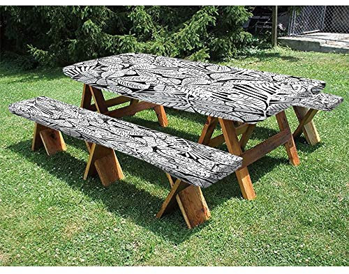 Mantel de mesa de picnic de hojas de palma con fundas de banco, funda de mesa ajustable de 3 piezas, fondo de plantas tropicales de la selva, para exteriores, barbacoas, camping, 28 x 72 pulgadas