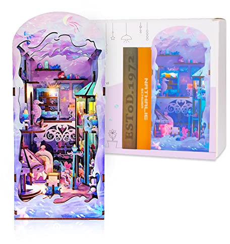 Book Nook, LED Puppenhaus Miniatur Kit, DIY 3D Puzzle Booknook Bücherregal Einsatz, Buchstützen Dekoration, Geburtstags & Festivalgeschenk für Erwachsene Kinder (Ozeanpark)
