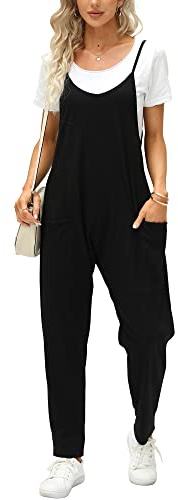 Ebifin Hängselbyxor dam, sommar, lös overall, jumpsuit, sommaroverall, ärmlösa arbetsbyxor med stora fickor., svart, L