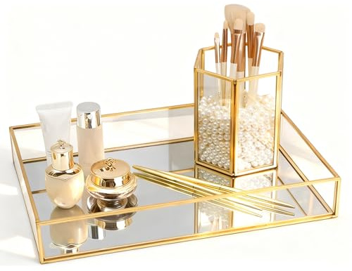Bandeja de Espejo Dorada,Rectángulo de la Joyería de Visualización de la Caja Organizadora, Bandeja de Oro para Joyería, Perfume, Decorativas, Cosméticos Cajas de Exhibición(Medium)