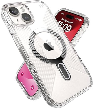 Speck Klare iPhone 15 Hülle – ClickLock rutschfeste Interlock, gebaut für MagSafe, Fallschutzgriff – für iPhone 15, iPhone 14, iPhone 13 – Anti-Gelb 6,1 Zoll Handyhülle – Presidio Grip Clear/Chrom