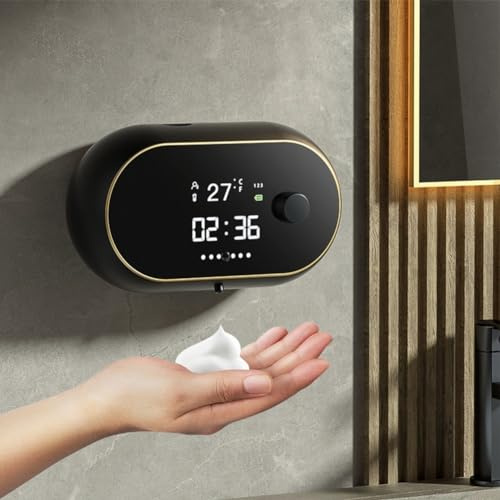 Dispenser automatico di sapone per le mani in schiuma, montaggio a parete senza contatto, capacità 450 ml, grande schermo con visualizzazione dell'ora e della temperatura (nero schiuma)