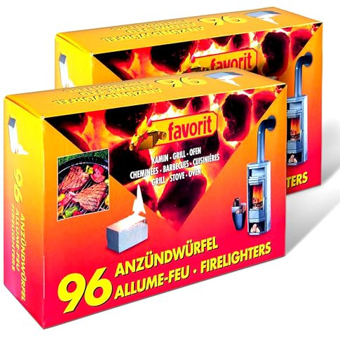 favorit Anzünderwürfel 96er Pack im 2er Set, Zuverlässige Feuerstarter für Grill, Kamin & Ofen, Made in Germany