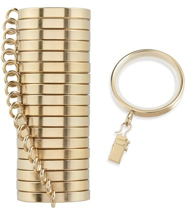 MODE Cambria Designer Series - Premium Easy Glide 18 Count Curtain Rings - Metal with Smooth, Quiet Nylon Inserts with Clips - 2 inch Diameter (1-5/8 inch Inside Diameter) - Brushed Gold