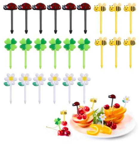 24 Pezzi Carino Mini Girasole Coccinella Frutta forchette- Forchette Bambini, Decorazione Cupcakes Dessert Cocktail Festa in casa, Facile da Pulire