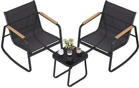 SONGMICS Gartenmöbel-Set, Balkonmöbel, 2 Schaukelstühle mit Tisch, Stahl, Terrassenmöbel, mit Armlehnen, atmungsaktives Kunstfasergewebe, Terrasse, Garten, tintenschwarz GGF0027B01