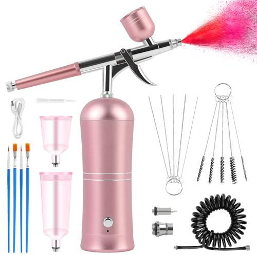 Kalolary Airbrush Kit with Compressor, Rechargeable Cordless Airbrush Compressor High Pressure Airbrush Compressor for Barber, Nail Art, Cake Decor, Makeup, Model Painting(Pink)