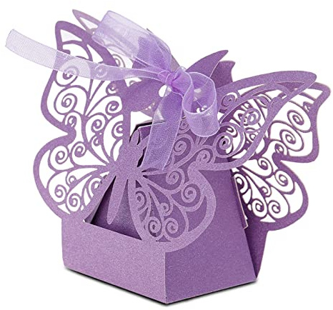 Culnflun Creative Butterfly Godisask, 100 bitar 11 x 8 x 4,2 cm Rosa Blå Lila, bröllopschokladpresentask för bröllopsgodisgodis (Lila)