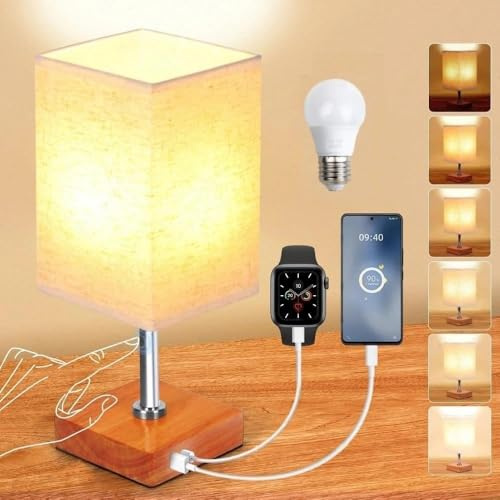 SurezoTich Touch Control Table Lamp, Dimmable Bedside Lamp | Touch Lamps Bedside with USB C+A Charging Ports, Linen Fabric Shade, for Bedroom Living Room Nightstand Office