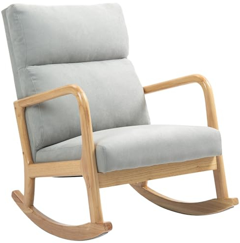 HOMCOM Mecedora Tapizada en Lino Silla Mecedora con Patas de Madera de Caucho y Reposabrazos Mecedora para Lactancia Carga 150 kg para Dormitorio Salón Gris