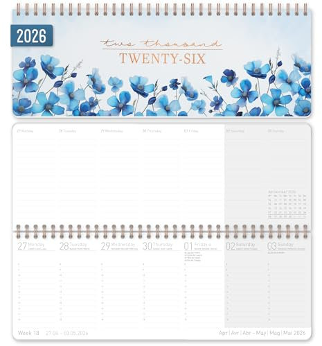 Häfft® Internationaler Tischkalender 2026 quer 'Blue Blossoms' 1 Woche 2 Seiten, Wochenkalender 29,8 x 11,6 cm, mehrsprachiges Kalendarium - nachhaltig und klimafreundlich
