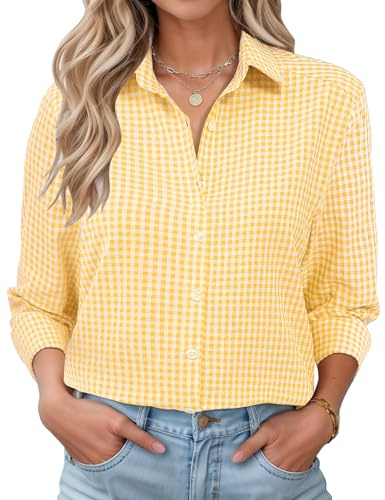 LOMON Women Wrinkle Free Blouse Elegant Checked Blouse Travel Tops Comfy Western Gingham Shirt Yellow and White Plaid M