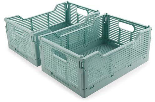 Vivikivi 2-Pack Plastic Collapsible Crates, Foldable Storage Boxes Stackable Storage Baskets, Space-Saving Folding Crate for Home Classroom Office Kitchen Bedroom (40x30x15.5cm, Blue)