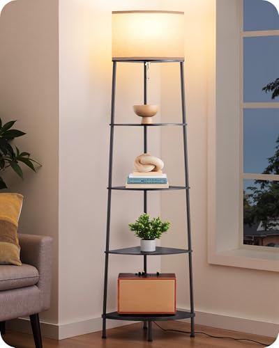 EDISHINE Lampada da Terra Soggiorno, Lampada con Ripiani e Paralume in Lino, Lampadina LED 2700K Bianco Caldo Inclusa, 169,5 cm, per Camera o Ufficio, Nera