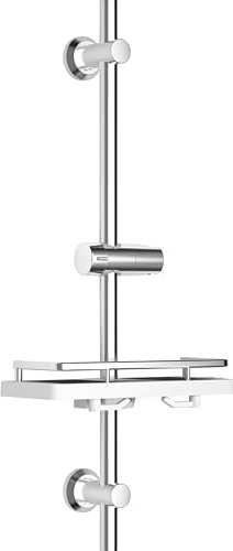 JOHO Barre de douche en acier inoxydable avec support de douchette et fixations murales réglable compatible trous existants, colonne de douche 70 cm avec étagère chromé