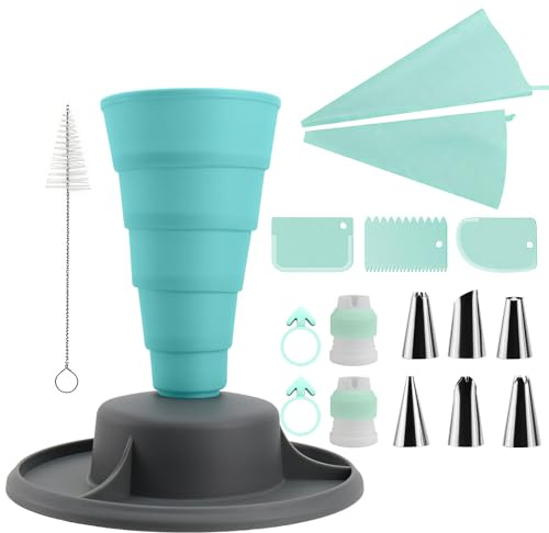 18 Pièces Support de Poche à Douille Pliable Kit Poche à Douille en Silicone Grattoir à Gâteau Anneau en Silicone Convertisseur Multifonction Brosse de Nettoyage pour Gâteaux Cupcakes