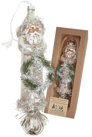 Krebs Glas Lauscha - Decorazione natalizia/decorazione per albero di Natale in vetro – Mercury Santa nostalgico con ghirlanda e sfera di risflettore – Colore: Bianco – Dimensioni: circa 25 cm
