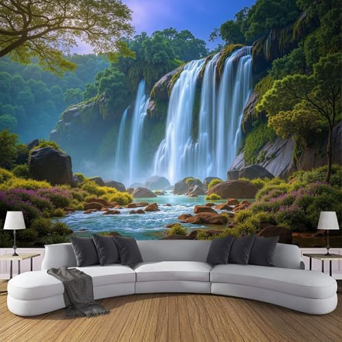 Carta da parati fotografica Cascata nella giungla 150 x 105 cm Seta Sfondo Murale Bellezza naturale Decorazione Soggiorno Camera De Letto Sala Ufficio verde
