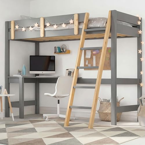 Blisswood High Sleeper Bunk Bed, 3ft Single Wooden Loft Bed with Ladder, Safety Guardrail & Solid Pine Wood Bed Frame with Desk, Small Space Saving Bunkbed for Kids, Teens & Adults (Light Grey)