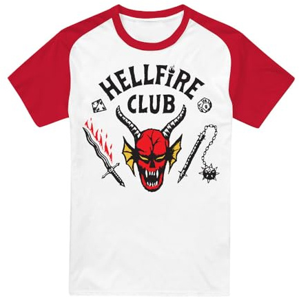 Stranger Things Hellfire Club Raglan Short Sleeve Baseball T Shirt, White/Red