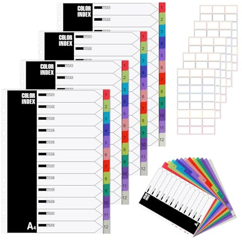 Separador para carpetas A4 – 5 unidades de 12 colores en total 60 hojas de plástico con 11 agujeros, hojas separadoras con cinco etiquetas de precio, portada práctica de papel estable para oficina