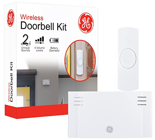 GE Wireless Doorbell Kit,Battery-Operated Receiver,1 Push Button door bell,2 Melodies,4 Volume Levels doorbell chime,classroom doorbell,150 Ft Range,Mountable,White,19247