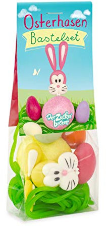 Osterhasen Bastelset, grüne Fruchtgummischnüre, bunte Ostereiermandeln und Marshmallow, süßes Oster Bastelset im Naschbeutel, schöne Geschenkidee zu Ostern