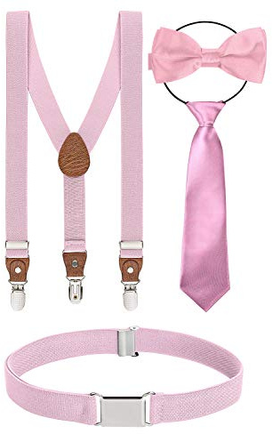 BomGuard enfant bretelles + nœud papillon + cravate + ceinture lot de 4, pour garçon fille,rose
