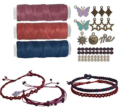 RainbowStone Schmuckherstellung DIY Kit für Freundschaft Armband Fußkettchen Halskette 30m gewachste Fäden + 11 Charms + 20 Perlen + Video-Tutorials Set E Burgandy/Traube/Marine