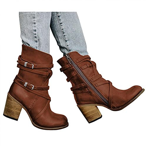 Binggong Damen Stiefeletten Biker Boots Stiefel mit Absatz Damen Klassische Stiefeletten Frauen Schuhe Blockabsatz Herbst Winter Bequeme Schuhe Schnallen Worker Boots Schnürstiefelette