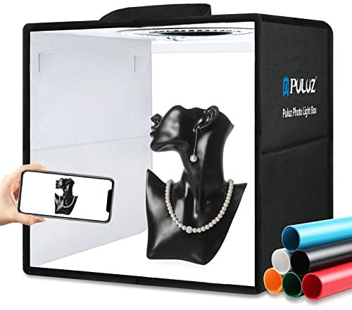 PULUZ Caja Fotografia con Luz, 30x30cm Kit de Caja de Estudio Fotográfico Regulable con CRI ≥ 97 iluminación Blanca 112 Luces LED + 8 Telones de Fondo Fotográficos para Fotografía de Producto