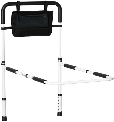 HOMCOM Safety Bed Rail, Height Adjustable Bed Assist Rail with Storage Pocket, Grab Bar for Disabled and Senior, White