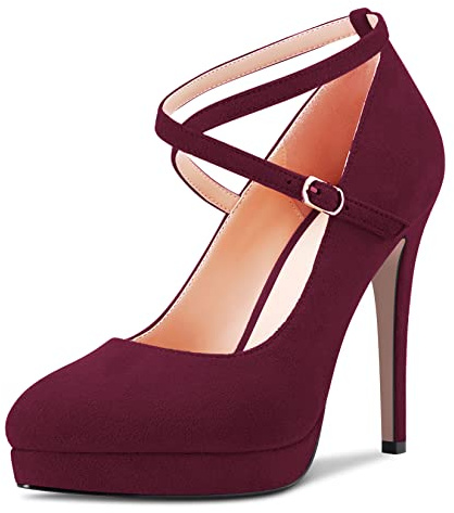 NobleOnly Femmes Aiguille Haut High Talon Heel Plate-Forme Fermé Bout Escarpins Lanières Croisées Slip-on Mariage Party Dress Chaussures Bourgogne Rouge 41 EU