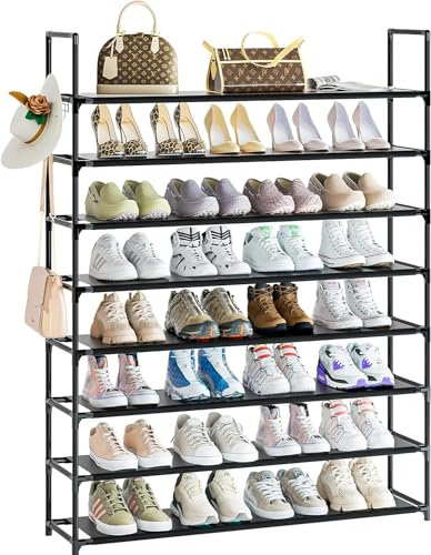 OYREL Shoe Rack 8 Tier 32-40 Pairs Shoes, Shoe Storage Organizer Large with Side Bag Space Saving for Closet, Entryway, Garage, Bedroom Non-Woven Shoe Rack Shelf Black