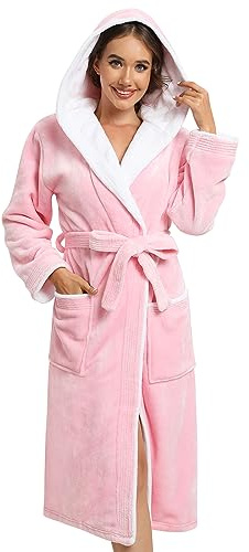 Vislivin Fleece Dressing Gown for Women Fluffy Hooded Dressing Gown Luxury Robe Soft Bathrobe Pink-S