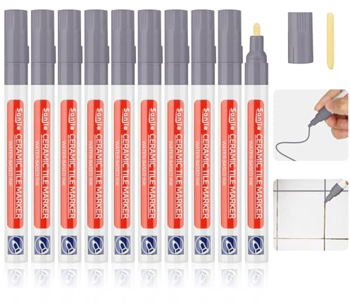 10 Pcs Tile Pen, Light Gray Grout Pen for Tiles Bathroom with Replacement Nib Tips Anti-Grout Light Gray-Blue Tile Pen Marker for Restoring Tile Grout Wall Floor Bathroom Kitchen and Floor Tiles