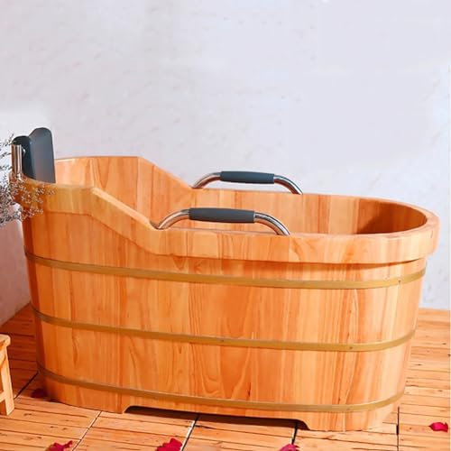 MegLob Wooden Free Standing Bathtub for Adults, Solid Wood Spa Soaking Tub with Armrests, Contemporary Deep Soaker Alone Stand with Drain And PU Headrest, Long-Term Insulation,Oak,130cm/51.18