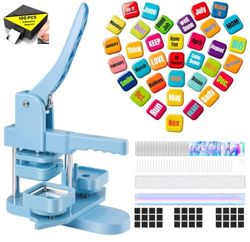 Square Badge Maker 50mm Fridge Magnet Button Machine Press Machine with 100 Set Making Supplies for DIY Refrigerator Magnets Button Photo Picture Badge for Crafting and Home Use