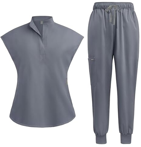 Meichoon uniformes médicos para mujer con cuello alzado y pantalón de yoga con cordón ajustable, absorbente del sudor y de secado rápido DK55Grey XXL