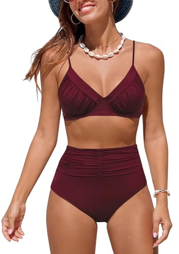 NLAND Tvådelad baddräkt dam hög midja V-ringad sexig bikini set elegant push up set vintage halter tröjor badkläder, Vinröd, M