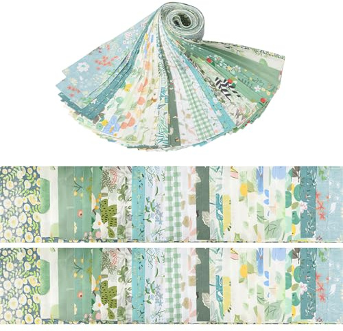 Lot de 40 tissus en coton patchwork pour travaux manuels, motif fleurs, bandes créatives et rouleaux à coudre Vert clair 6,2 x 50 cm