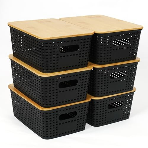 UHAPEER 6Pcs Storage Black Plastic Bins with Bamboo lids,Lidded Storage Bins,Stackable Storage Boxes Weaving Wicker Storage Basket Box Containers with Lid and Handle for Kitchen Bathroom25.6x18x10.7cm